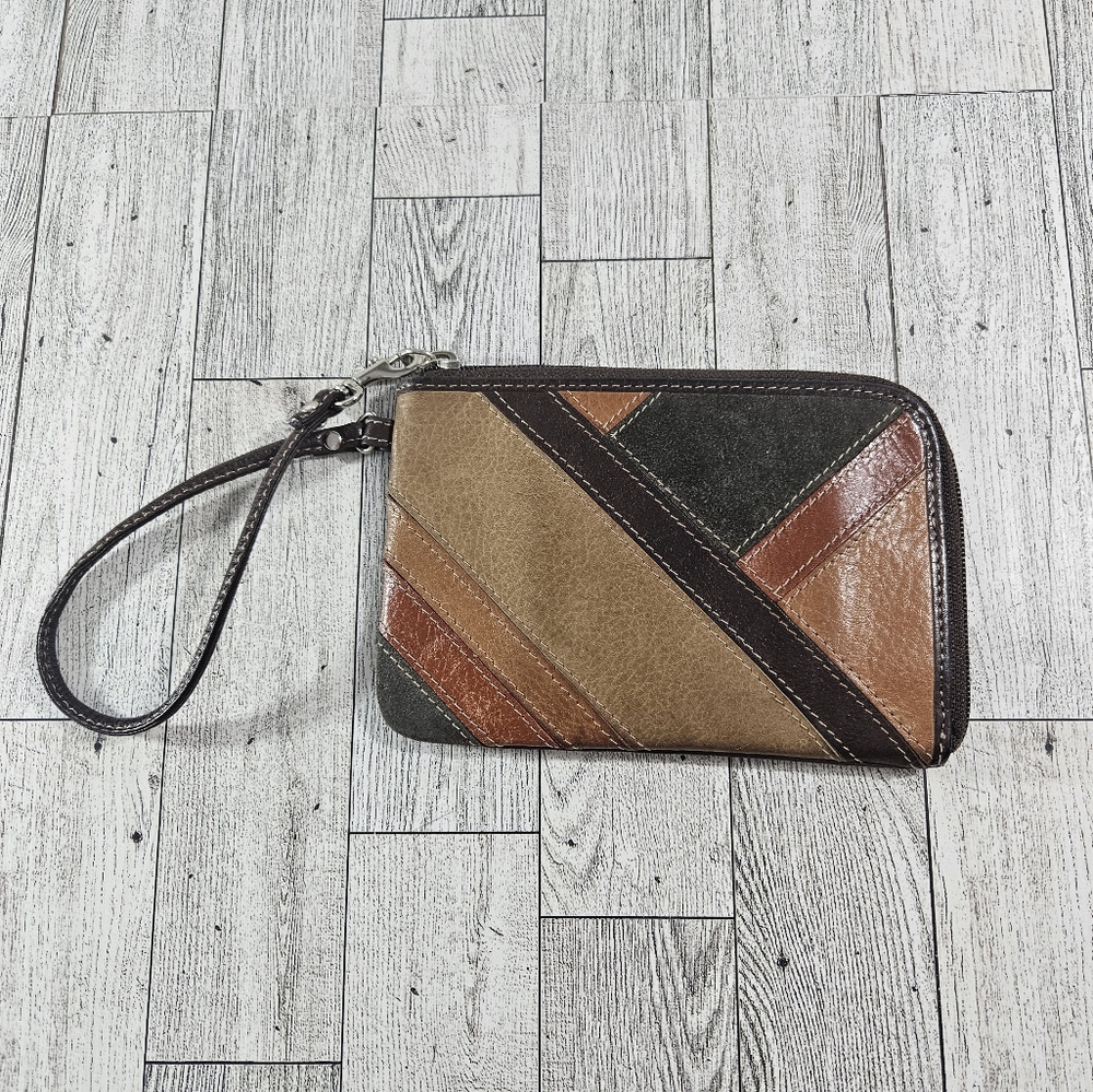 Fossil Patchwork Brown Leather Saude Wallet Wristlet Top Zipper Boho